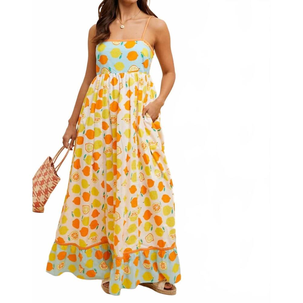 NEW IN-LOOM smoked back maxi dress in lemon multi